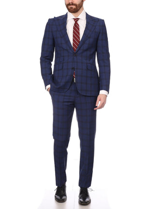 Napoli SUITS Napoli Mens Blue Plaid Half Canvassed 100% Italian Wool Slim Fit Suit
