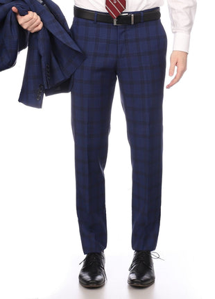 Napoli SUITS Napoli Mens Blue Plaid Half Canvassed 100% Italian Wool Slim Fit Suit