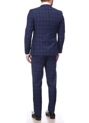 Napoli SUITS Napoli Mens Blue Plaid Half Canvassed 100% Italian Wool Slim Fit Suit