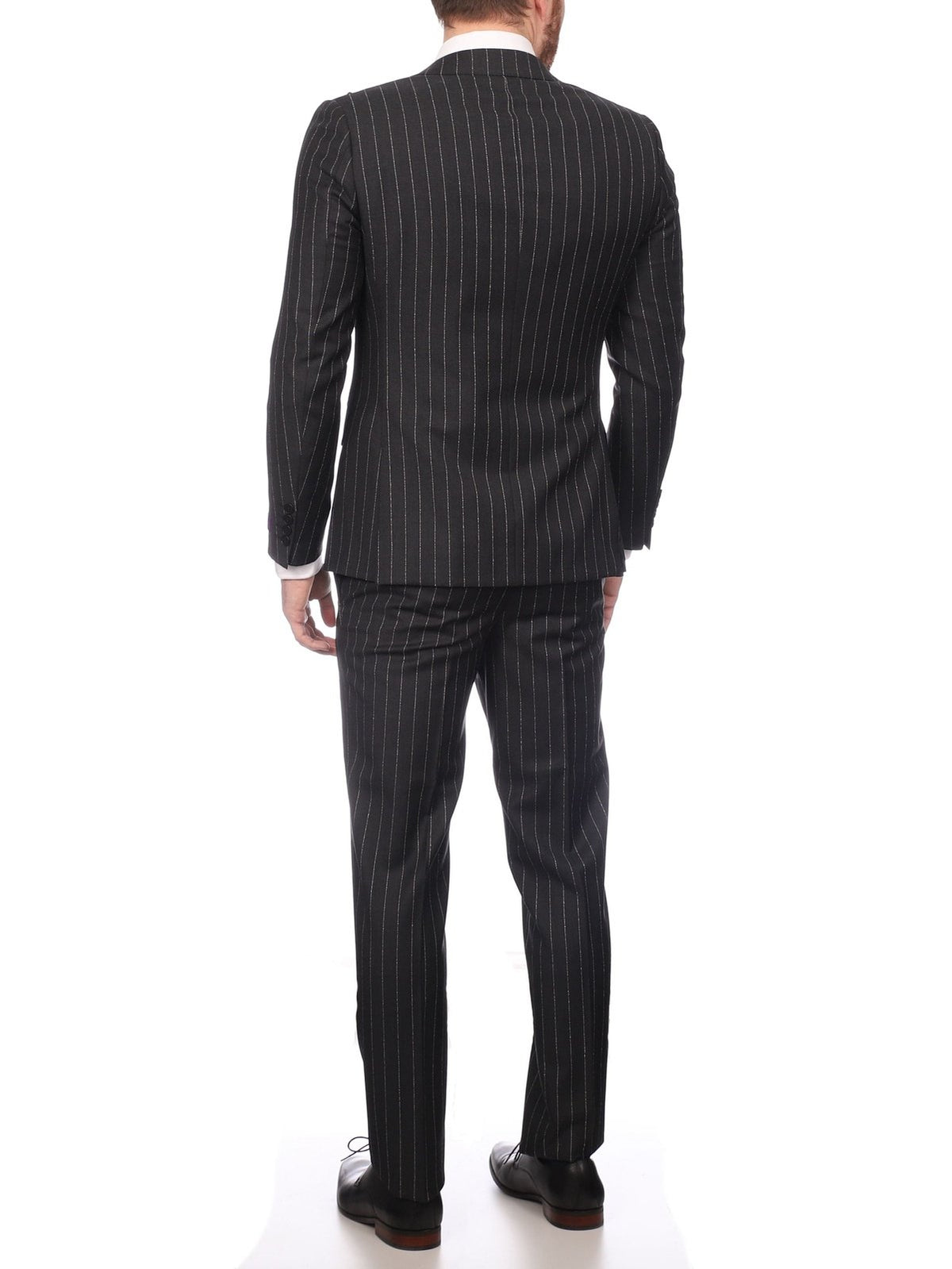 Napoli SUITS Napoli Mens Charcoal Pinstripe 100% Italian Wool Slim Fit Suit With Peak Lapels