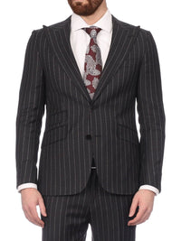 Thumbnail for Napoli SUITS Napoli Mens Charcoal Pinstripe 100% Italian Wool Slim Fit Suit With Peak Lapels