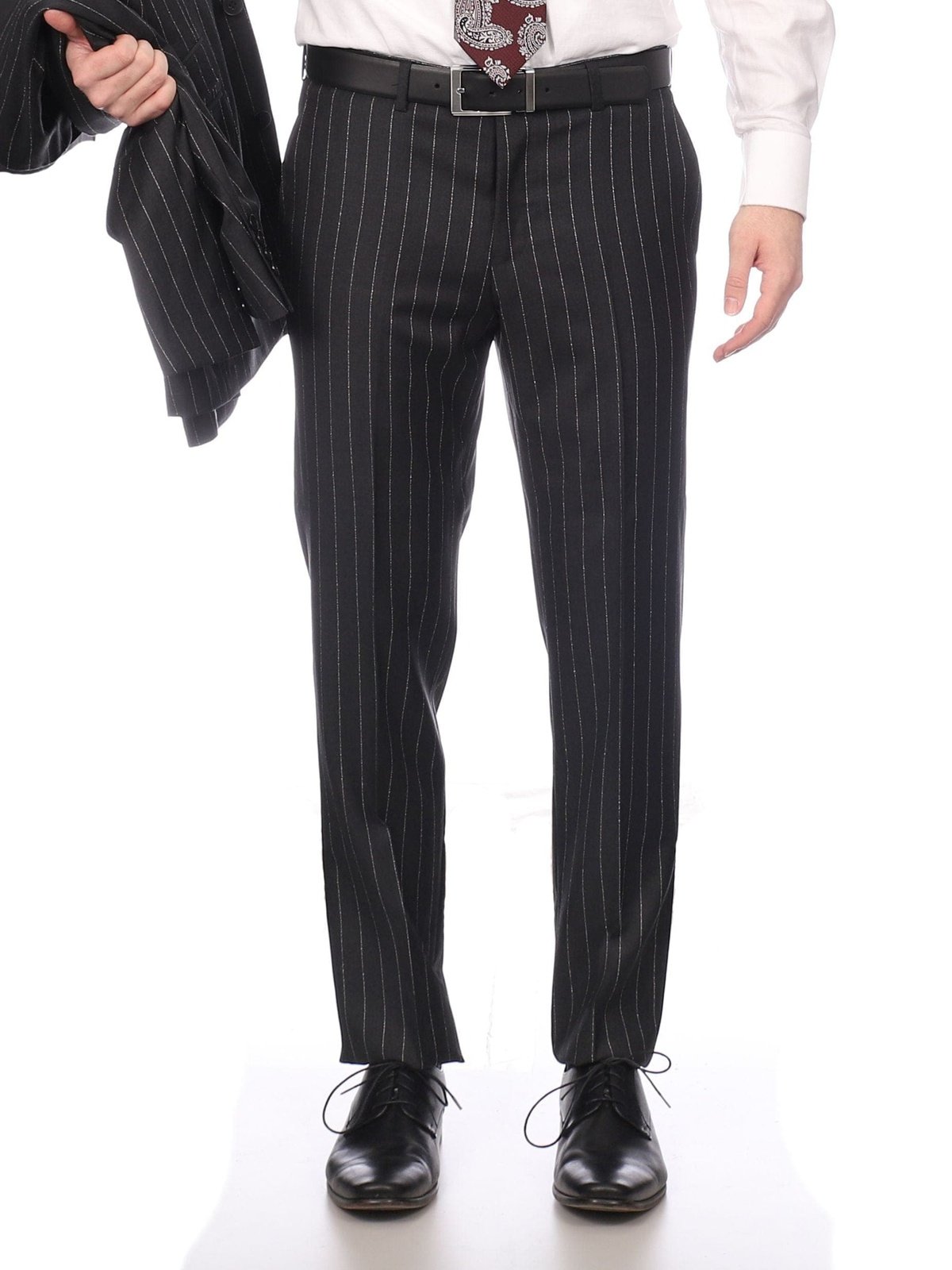 Napoli SUITS Napoli Mens Charcoal Pinstripe 100% Italian Wool Slim Fit Suit With Peak Lapels