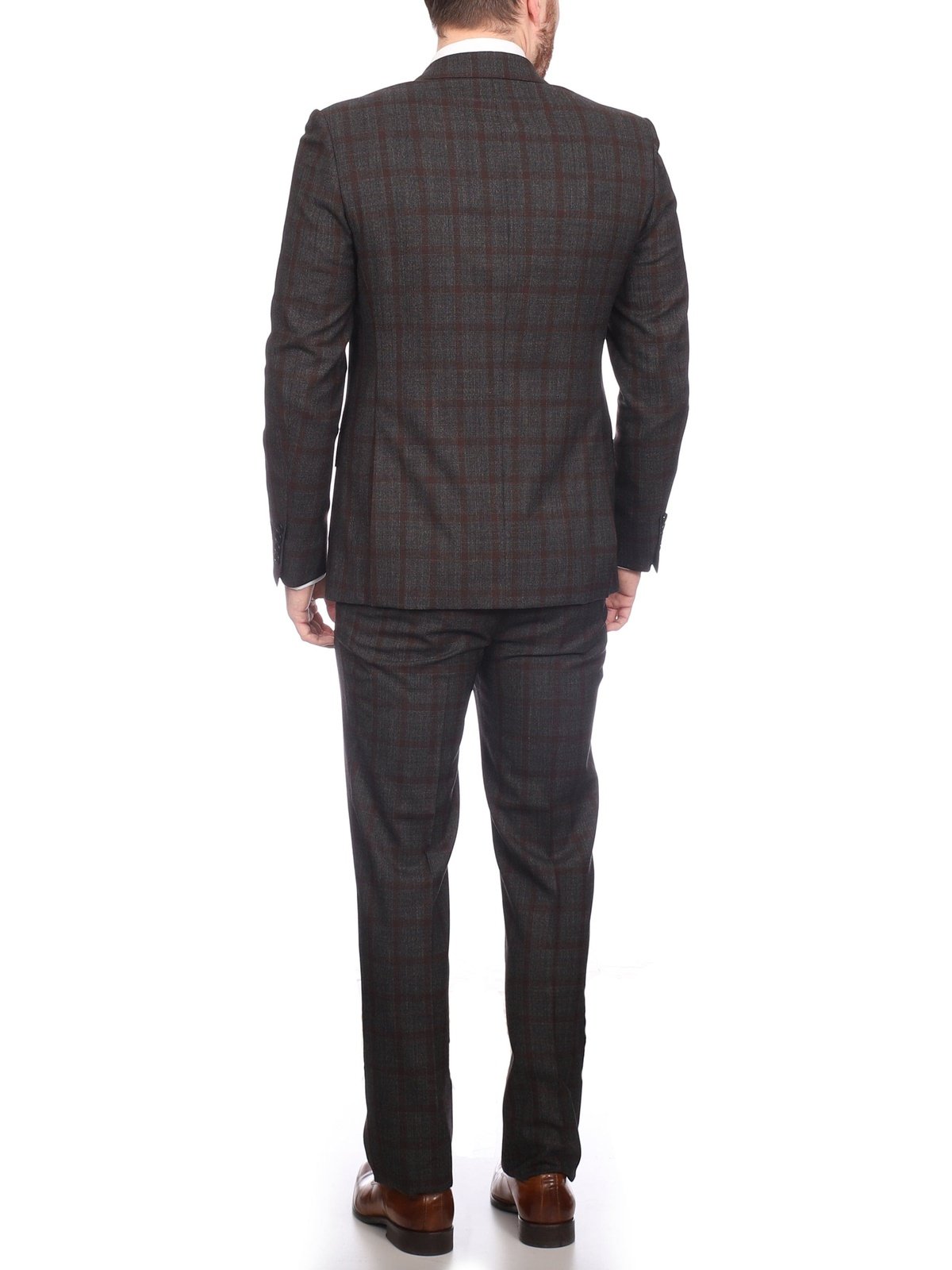Napoli SUITS Napoli Mens Gray &amp; Red Plaid 100% Italian Wool Slim Fit Suit With Peak Lapels