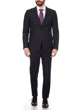 Napoli SUITS Napoli Mens Navy Pinstripe Half Canvassed Wool Slim Fit Suit With Peak Lapels