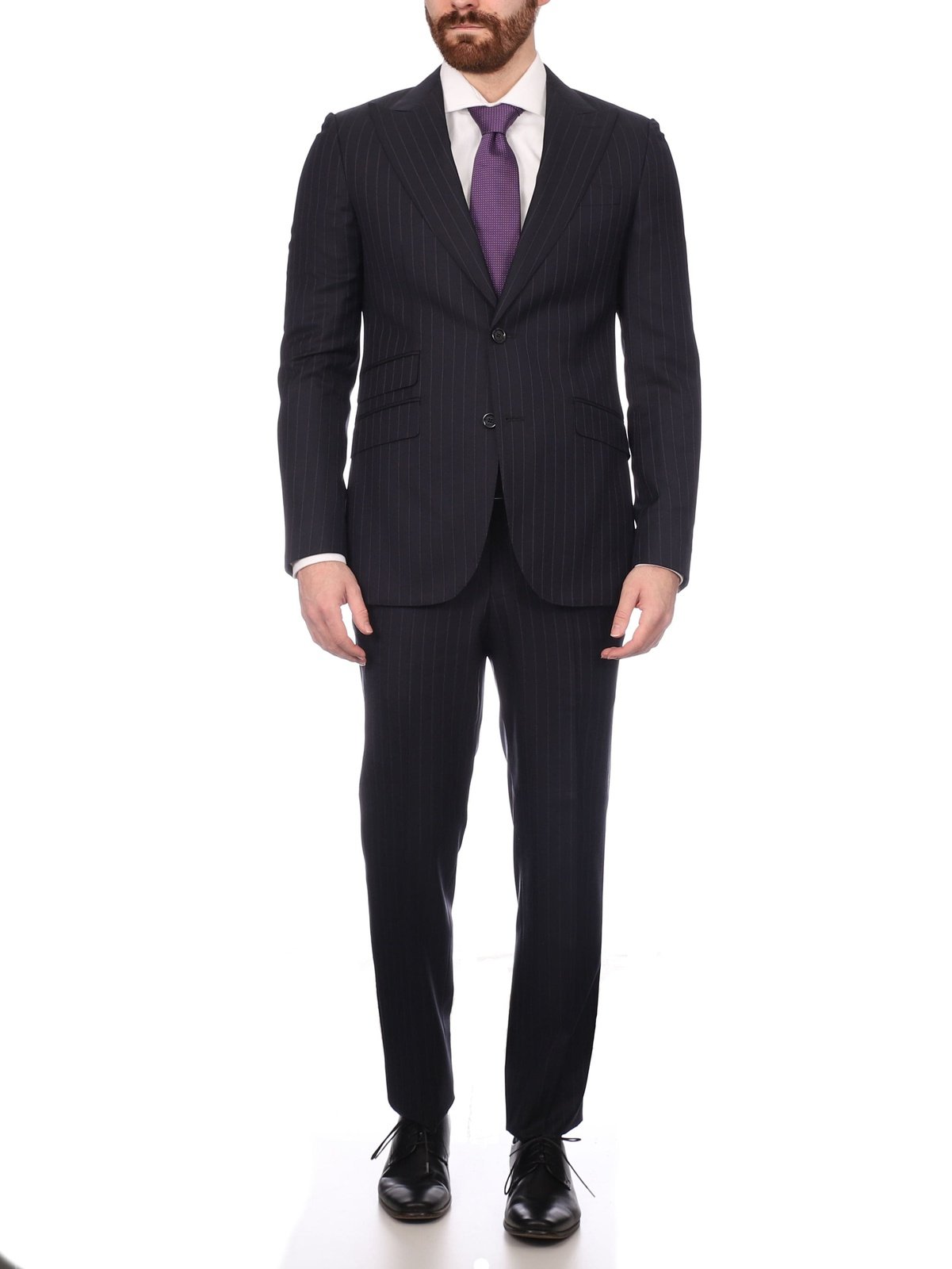 Napoli SUITS Napoli Mens Navy Pinstripe Half Canvassed Wool Slim Fit Suit With Peak Lapels