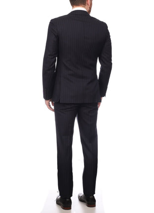 Napoli SUITS Napoli Mens Navy Pinstripe Half Canvassed Wool Slim Fit Suit With Peak Lapels