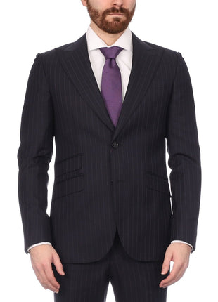 Napoli SUITS Napoli Mens Navy Pinstripe Half Canvassed Wool Slim Fit Suit With Peak Lapels