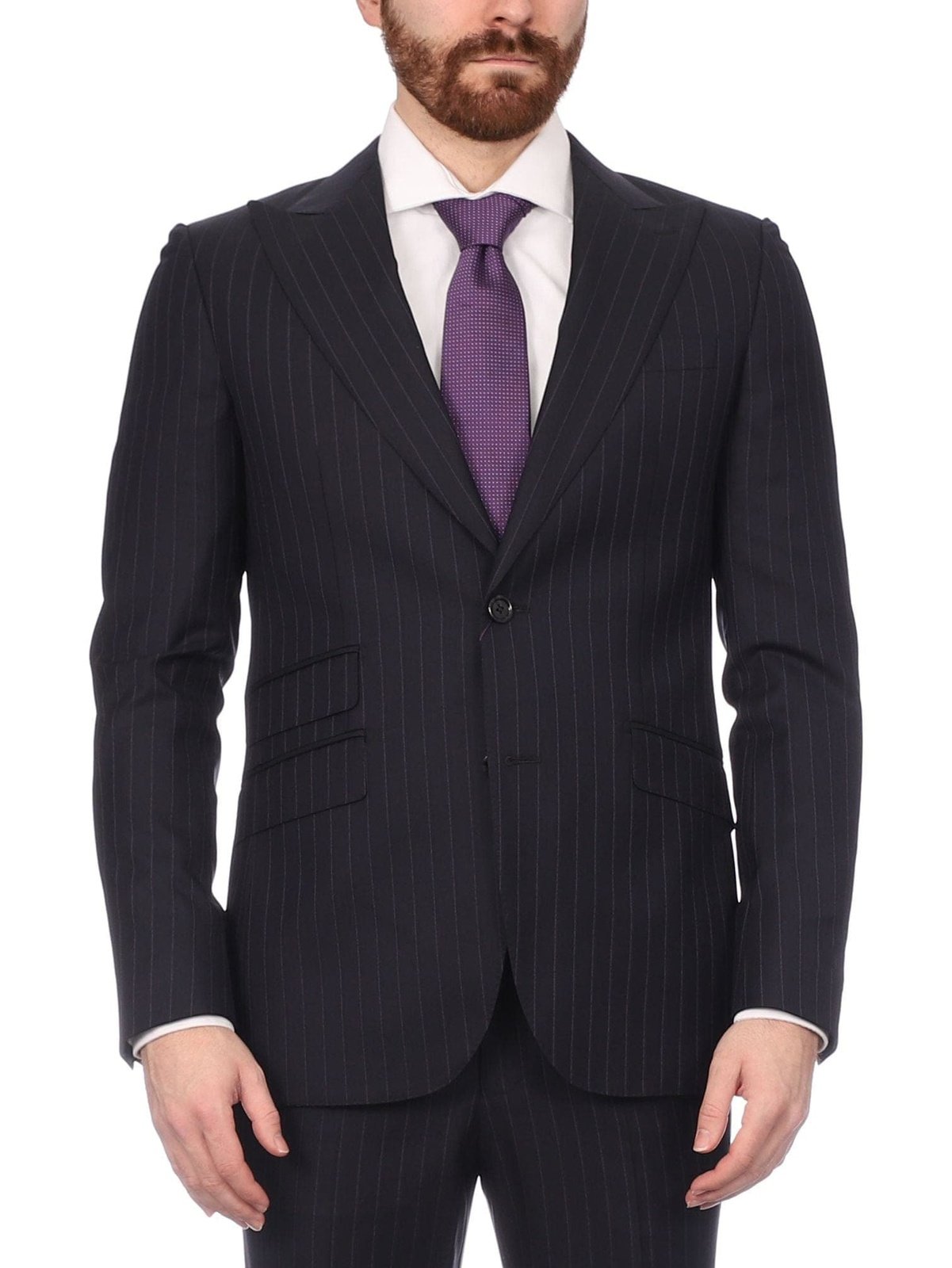 Napoli SUITS Napoli Mens Navy Pinstripe Half Canvassed Wool Slim Fit Suit With Peak Lapels