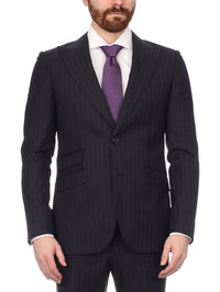 Thumbnail for Napoli SUITS Napoli Mens Navy Pinstripe Half Canvassed Wool Slim Fit Suit With Peak Lapels