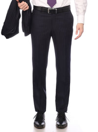 Thumbnail for Napoli SUITS Napoli Mens Navy Pinstripe Half Canvassed Wool Slim Fit Suit With Peak Lapels