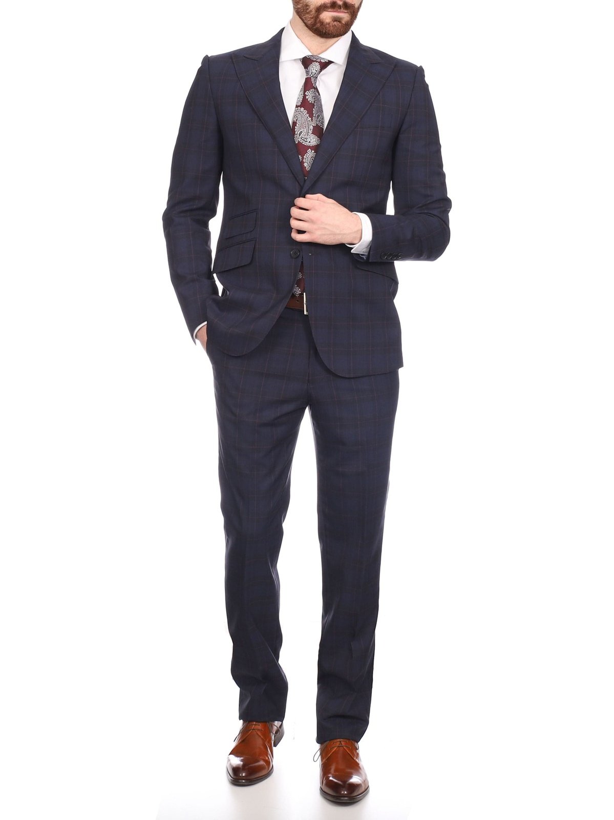 Napoli SUITS Napoli Mens Navy & Purple Plaid 100% Wool Slim Fit Suit With Peak Lapels