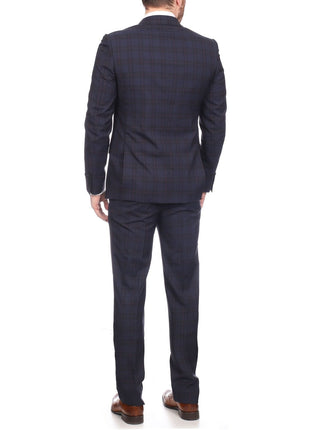 Napoli SUITS Napoli Mens Navy & Purple Plaid 100% Wool Slim Fit Suit With Peak Lapels