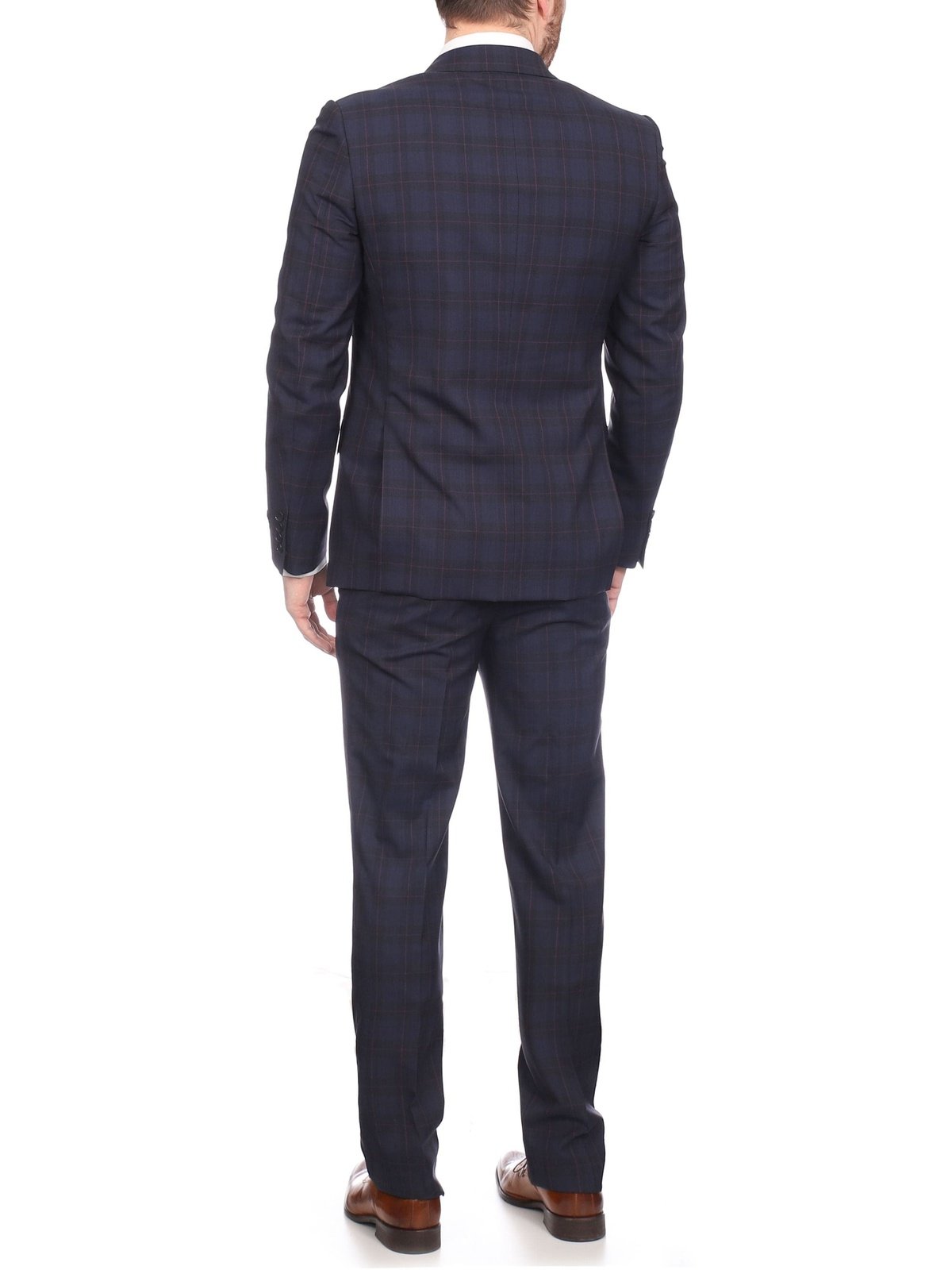 Napoli SUITS Napoli Mens Navy & Purple Plaid 100% Wool Slim Fit Suit With Peak Lapels