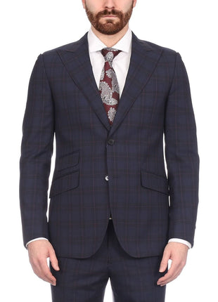 Napoli SUITS Napoli Mens Navy & Purple Plaid 100% Wool Slim Fit Suit With Peak Lapels