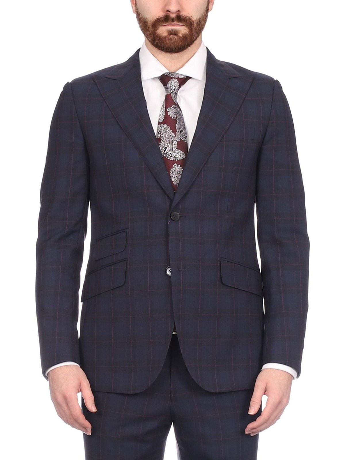 Napoli SUITS Napoli Mens Navy & Purple Plaid 100% Wool Slim Fit Suit With Peak Lapels