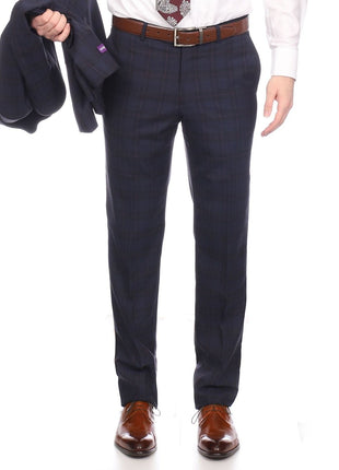 Napoli SUITS Napoli Mens Navy & Purple Plaid 100% Wool Slim Fit Suit With Peak Lapels