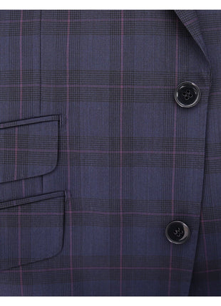 Napoli SUITS Napoli Mens Navy & Purple Plaid 100% Wool Slim Fit Suit With Peak Lapels