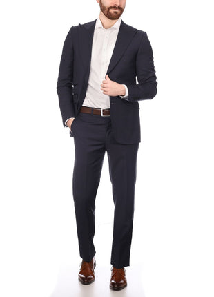Napoli SUITS Napoli Mens Solid Navy 100% Wool Slim Fit Suit With Peak Lapels