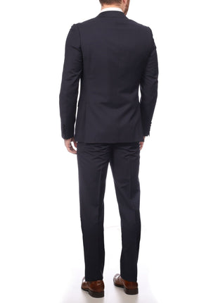 Napoli SUITS Napoli Mens Solid Navy 100% Wool Slim Fit Suit With Peak Lapels
