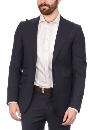 Napoli SUITS Napoli Mens Solid Navy 100% Wool Slim Fit Suit With Peak Lapels