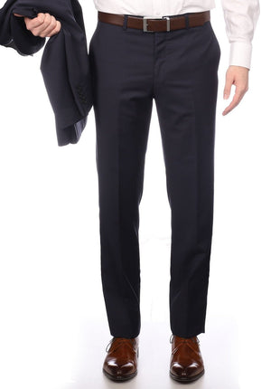 Napoli SUITS Napoli Mens Solid Navy 100% Wool Slim Fit Suit With Peak Lapels