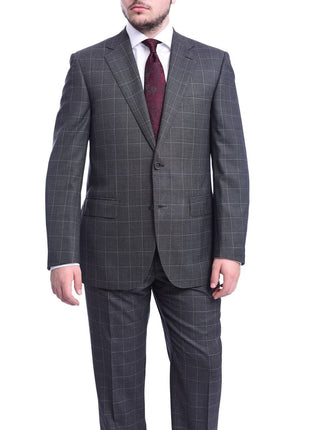 Napoli TWO PIECE SUITS Men's Napoli Classic Fit Charcoal Gray Plaid Two Button Half Canvassed Wool Suit