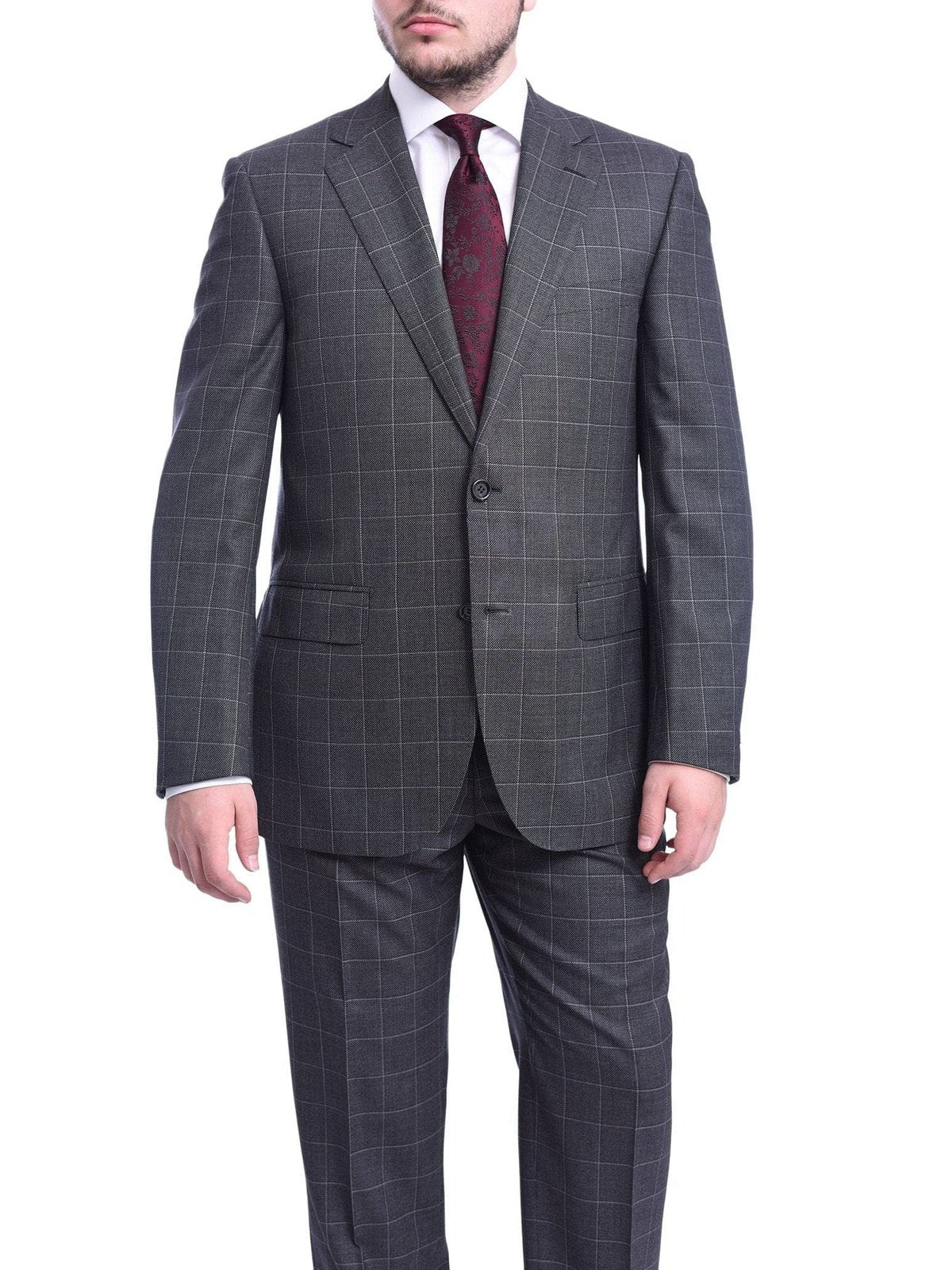 Napoli TWO PIECE SUITS Men's Napoli Classic Fit Charcoal Gray Plaid Two Button Half Canvassed Wool Suit