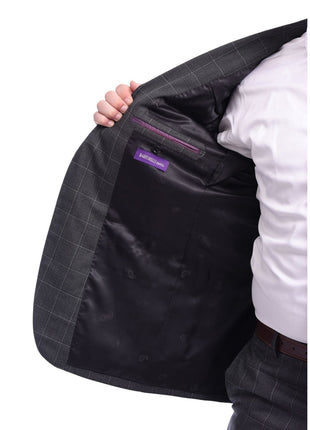 Napoli TWO PIECE SUITS Men's Napoli Classic Fit Charcoal Gray Plaid Two Button Half Canvassed Wool Suit