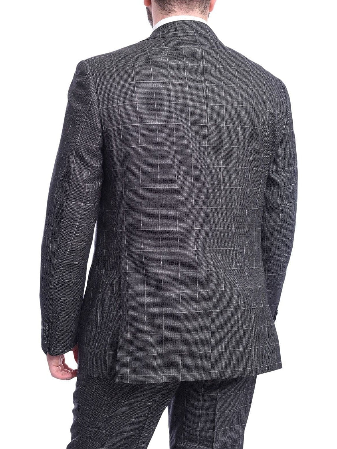 Napoli TWO PIECE SUITS Men's Napoli Classic Fit Charcoal Gray Plaid Two Button Half Canvassed Wool Suit