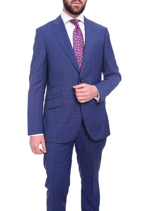 Napoli TWO PIECE SUITS Men's Napoli Slim Fit Blue Glen Plaid 2 Button Super 150s 100% Italian Wool Suit