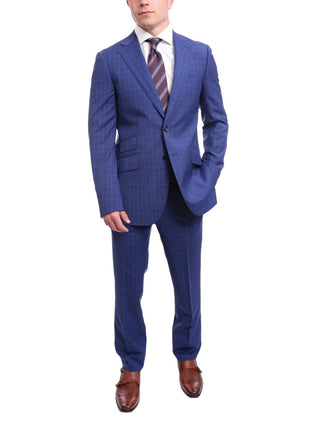 Napoli TWO PIECE SUITS Men's Napoli Slim Fit Blue Glen Plaid 2 Button Super 150s 100% Italian Wool Suit