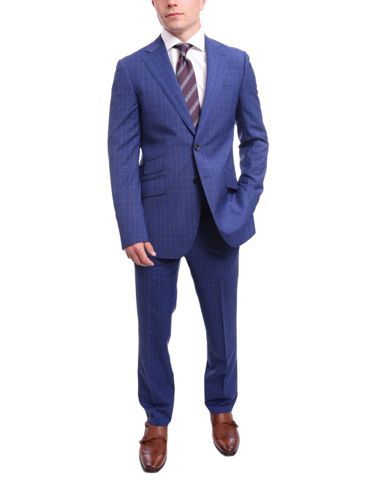 Napoli TWO PIECE SUITS Men&#39;s Napoli Slim Fit Blue Glen Plaid 2 Button Super 150s 100% Italian Wool Suit