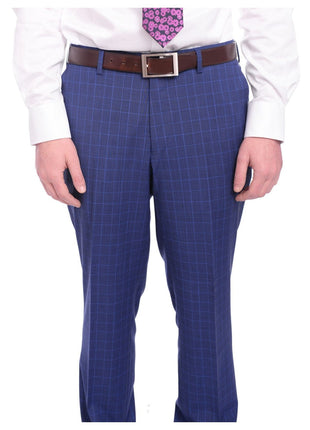 Napoli TWO PIECE SUITS Men's Napoli Slim Fit Blue Glen Plaid 2 Button Super 150s 100% Italian Wool Suit