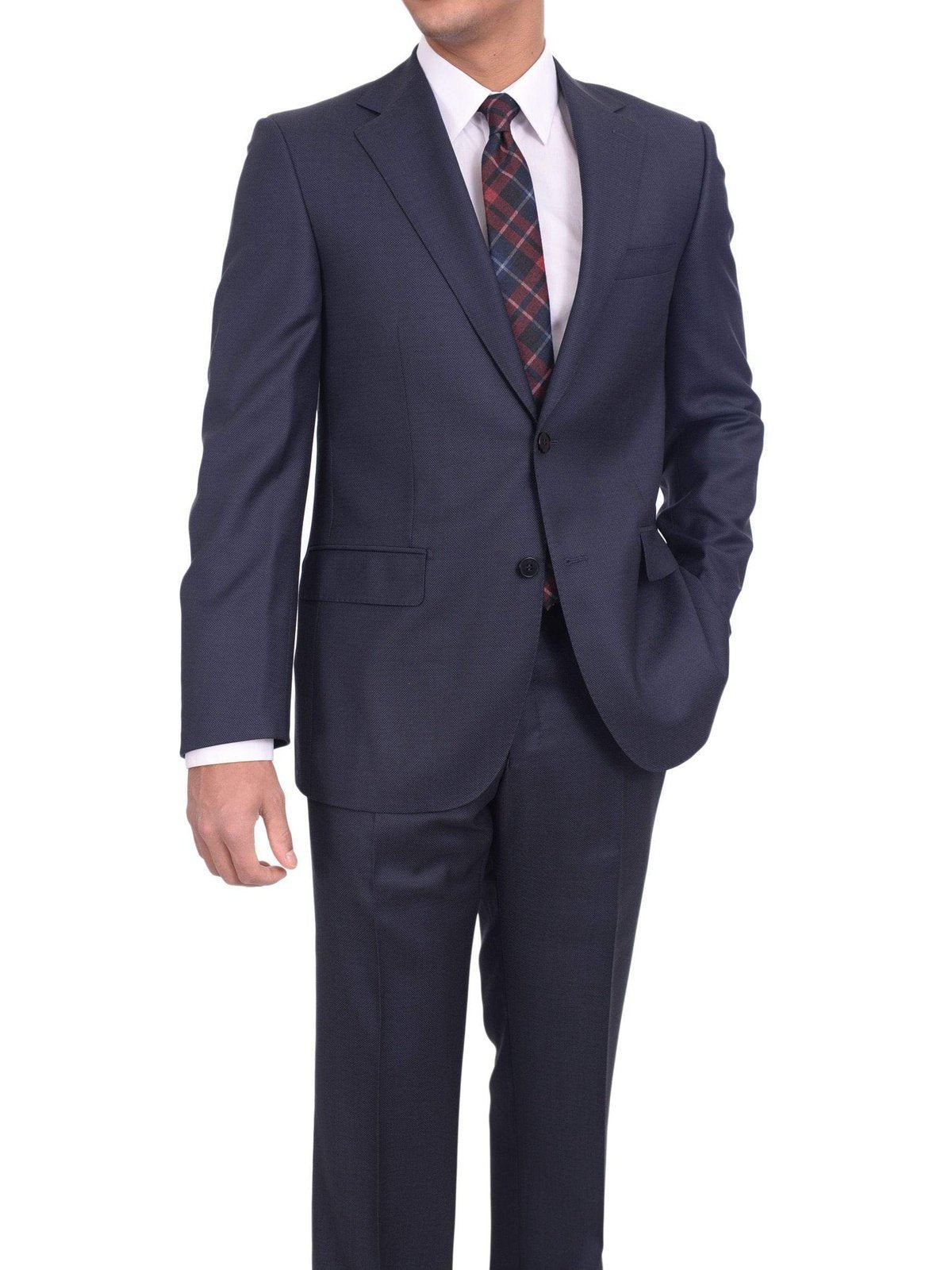 Napoli TWO PIECE SUITS Men's Napoli Slim Fit Blue Textured Half Canvassed Super 160's 100% Wool Suit