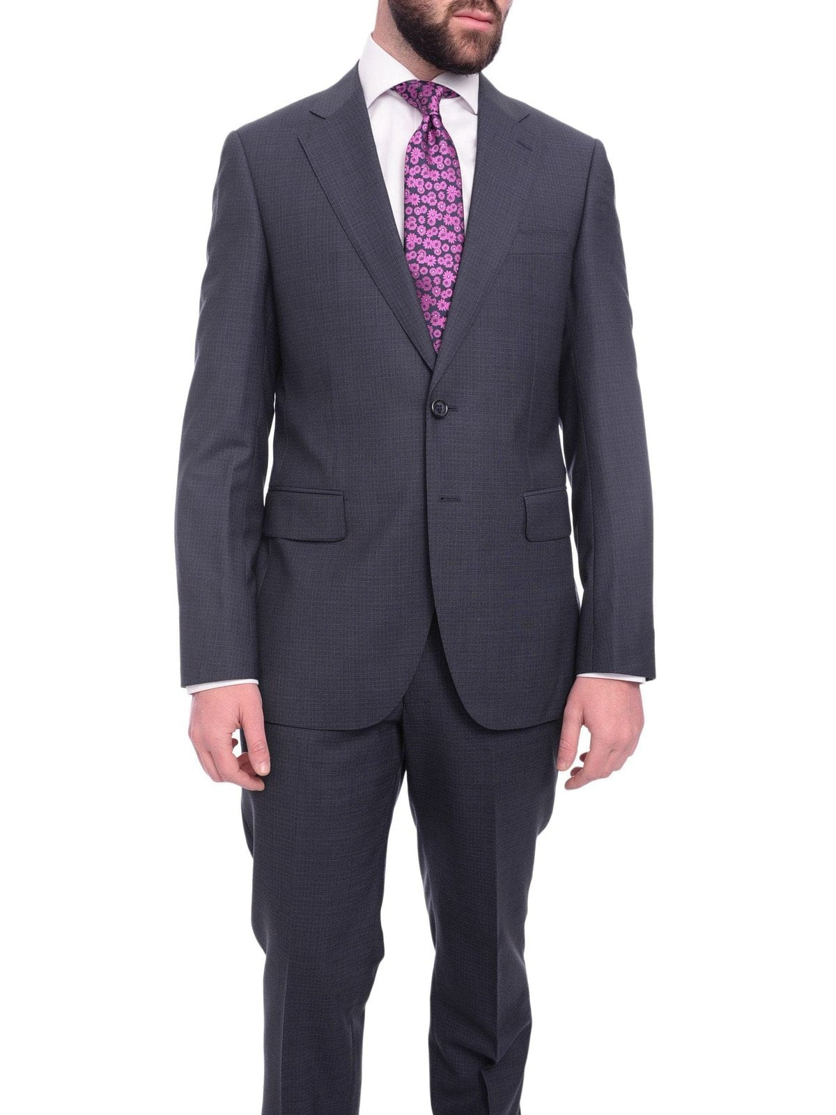 Napoli TWO PIECE SUITS Men&#39;s Napoli Slim Fit Navy Blue Check Two Button Half Canvassed 100% Wool Suit