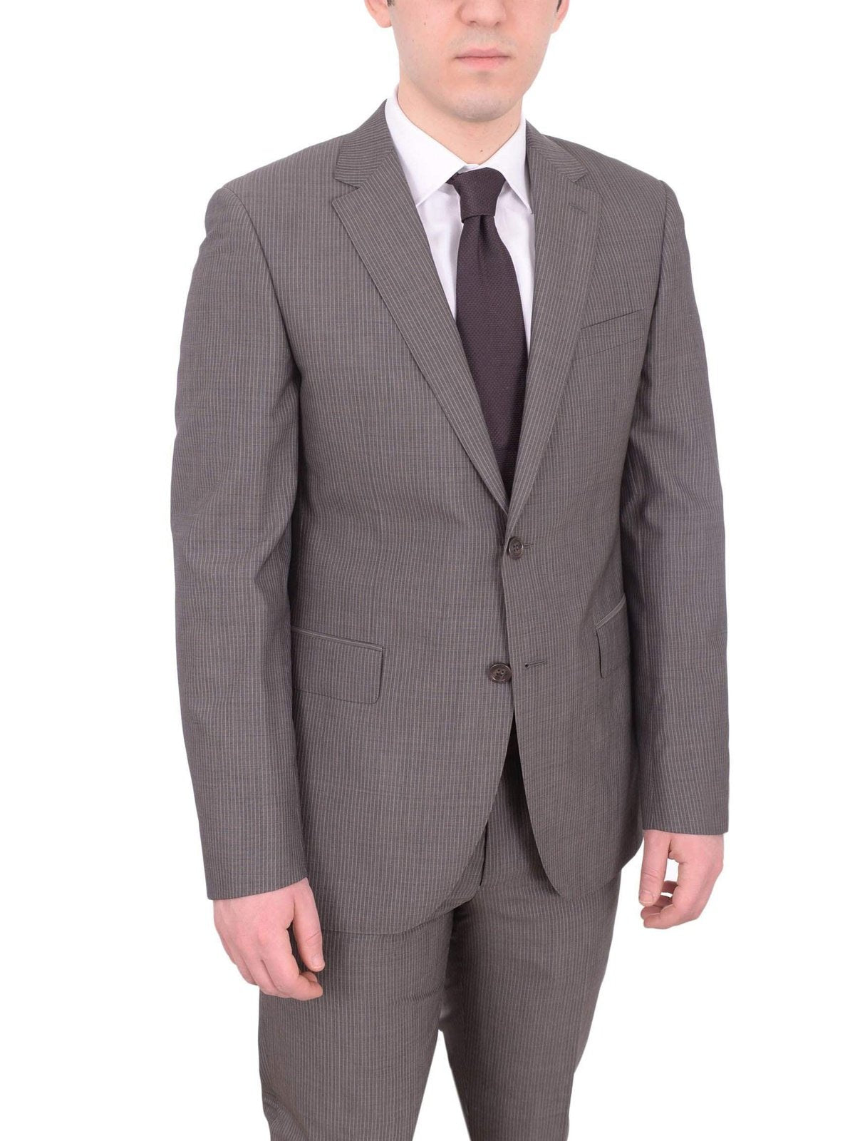 Napoli TWO PIECE SUITS Mens Napoli Slim Fit Gray Pinstriped Half Canvassed Marzotto Wool Suit