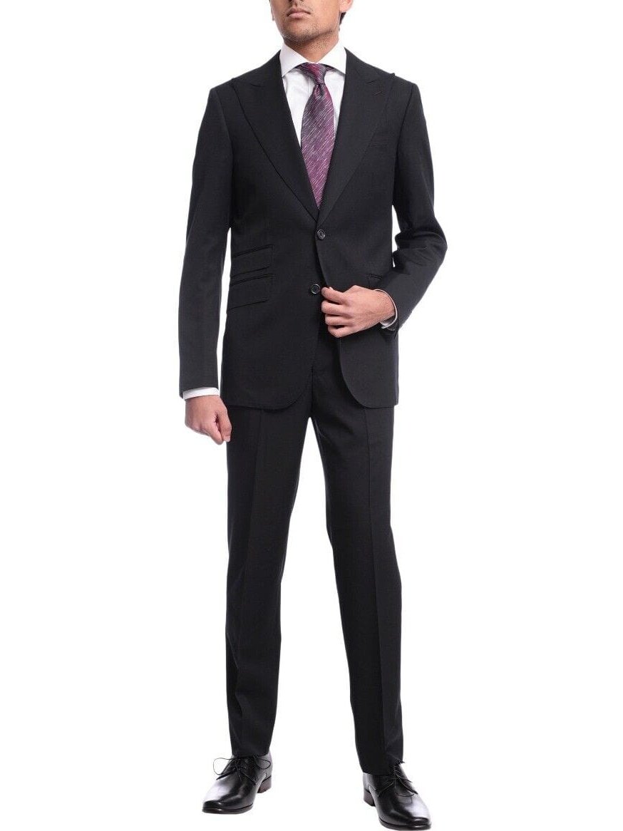 Napoli TWO PIECE SUITS Mens Napoli Slim Fit Solid Black Two Button Half Canvassed Reda Wool Suit