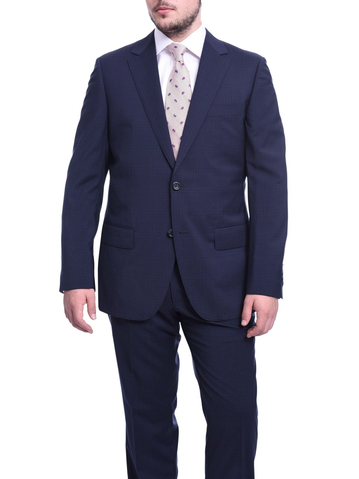 Napoli TWO PIECE SUITS Napoli Classic Fit Blue Plaid Windowpane Two Button Half Canvassed Wool Suit