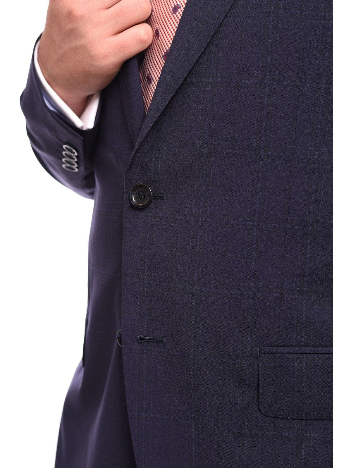 Napoli TWO PIECE SUITS Napoli Classic Fit Blue Plaid Windowpane Two Button Half Canvassed Wool Suit