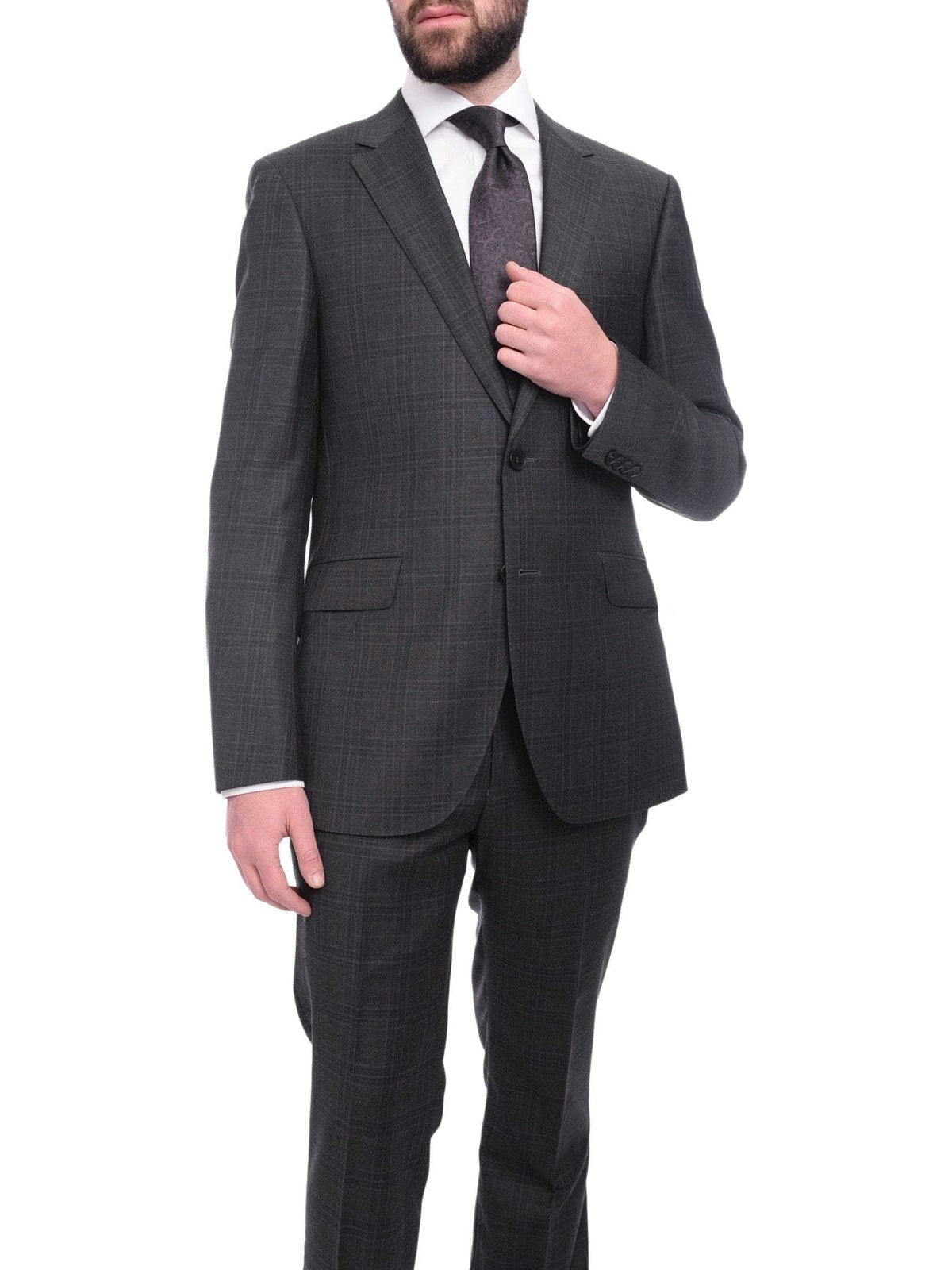 Napoli TWO PIECE SUITS Napoli Classic Fit Charcoal Gray Plaid Half Canvassed Super 150s Wool Suit
