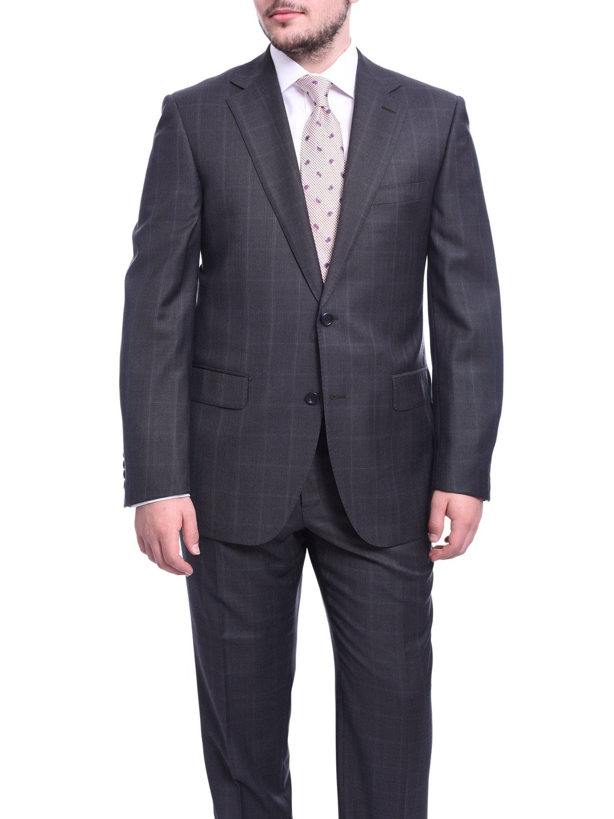 Napoli TWO PIECE SUITS Napoli Classic Fit Gray Windowpane Plaid Half Canvassed Reda Wool Suit