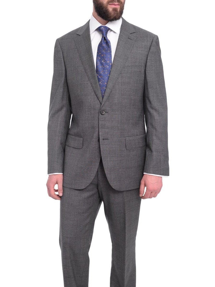 Napoli TWO PIECE SUITS Napoli Classic Fit Gray With Blue & Purple Glen Plaid Half Canvassed Wool Suit