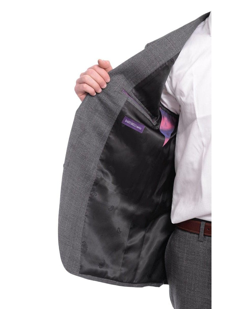 Napoli TWO PIECE SUITS Napoli Classic Fit Gray With Blue &amp; Purple Glen Plaid Half Canvassed Wool Suit