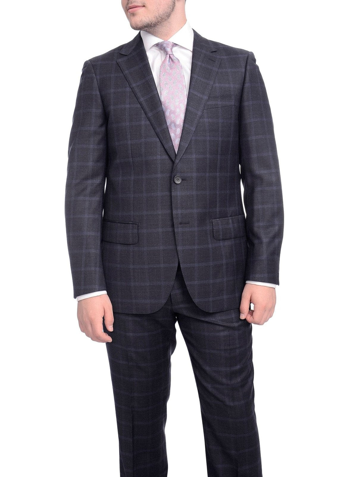 Napoli TWO PIECE SUITS Napoli Classic Fit Navy Blue Windowpane Half Canvassed Super 150s Wool Suit