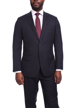 Napoli TWO PIECE SUITS Napoli Classic Fit Navy Windowpane Plaid Half Canvassed Guabello Wool Suit
