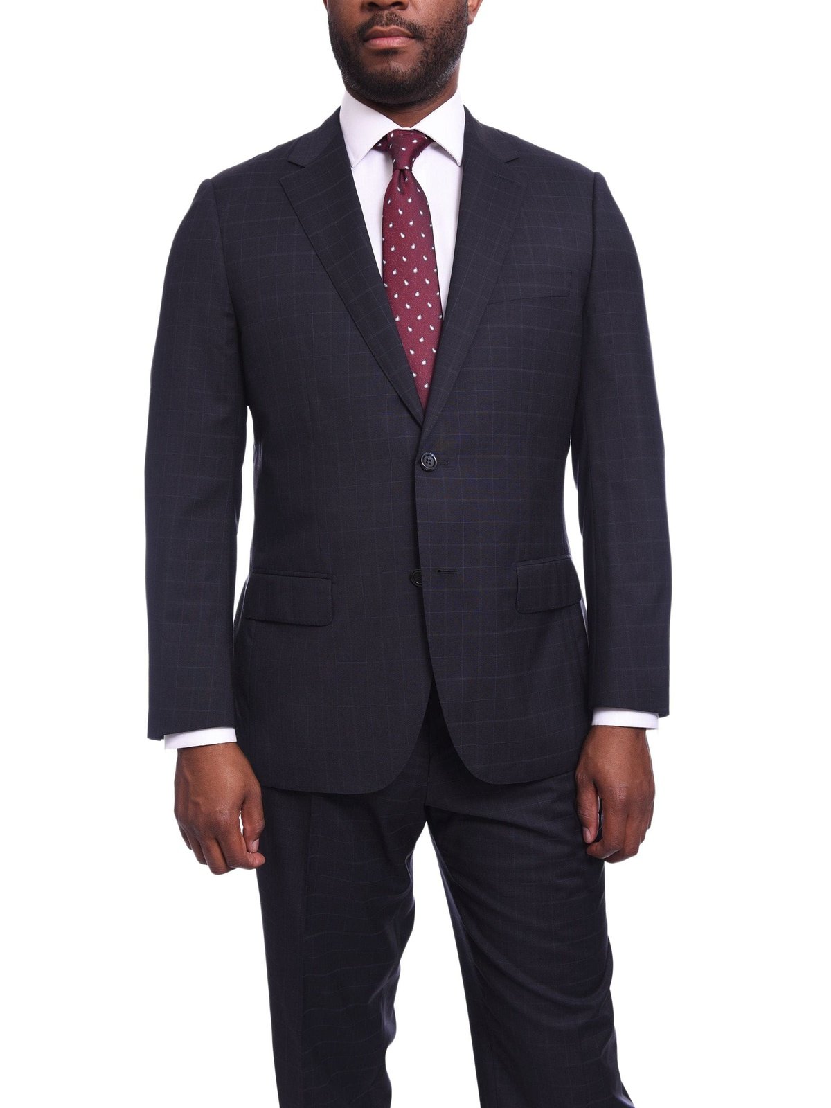 Napoli TWO PIECE SUITS Napoli Classic Fit Navy Windowpane Plaid Half Canvassed Guabello Wool Suit