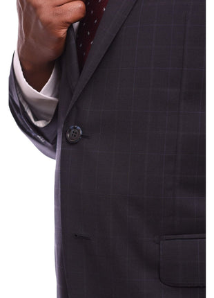 Napoli TWO PIECE SUITS Napoli Classic Fit Navy Windowpane Plaid Half Canvassed Guabello Wool Suit