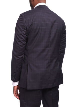 Napoli TWO PIECE SUITS Napoli Classic Fit Navy Windowpane Plaid Half Canvassed Guabello Wool Suit
