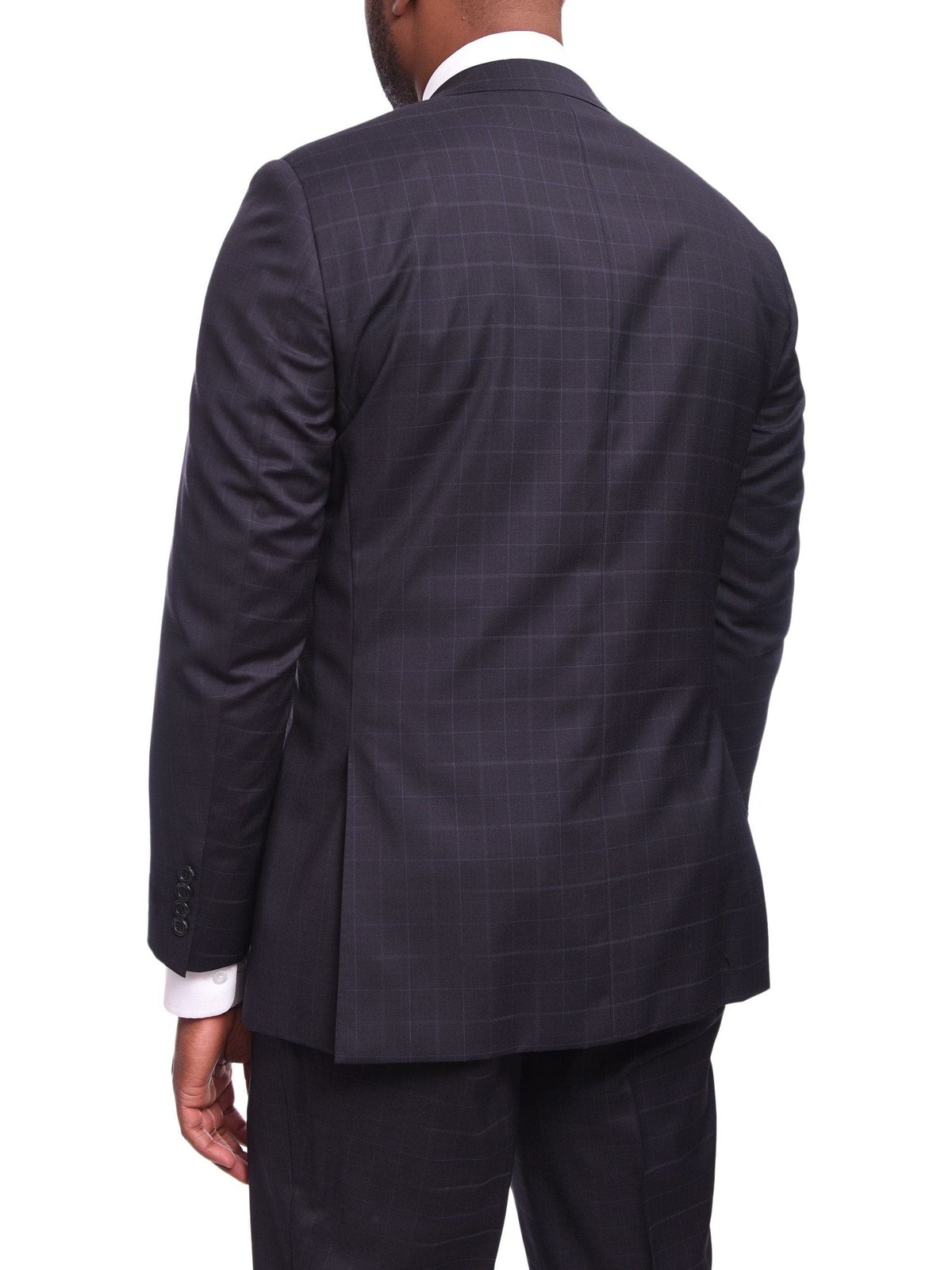 Napoli TWO PIECE SUITS Napoli Classic Fit Navy Windowpane Plaid Half Canvassed Guabello Wool Suit