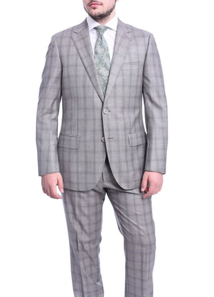 Napoli TWO PIECE SUITS Napoli Classic Fit Taupe Plaid Half Canvassed Tallia Delfino Wool Suit
